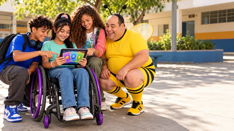 No pátio da escola, Davi, Lucy, em sua cadeira de rodas, e Maria Alice, personagens da Go Beesiness com 12 anos, olham juntos um jogo de cartas no tablet e sorriem; o mascote João Abelhudo está agachado ao lado, empolgado.
