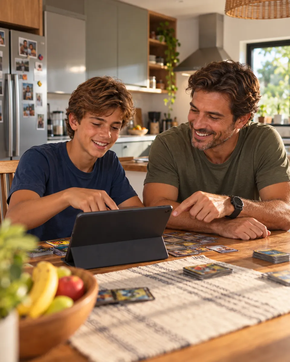 Mateus, de 12 anos, à mesa da cozinha de casa, joga no tablet com um adulto da família; os dois sorriem e apontam para a tela.