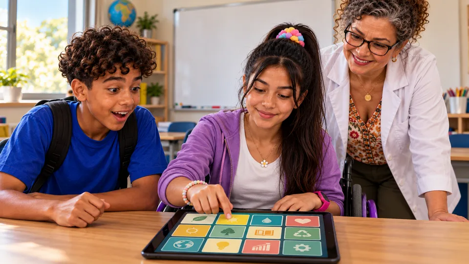 Lucy, de 12 anos, em sua cadeira de rodas, toca uma carta no jogo da memória aberto no tablet, e Davi, de 12 anos, se surpreende ao lado; a professora Tia Carla observa sorrindo.