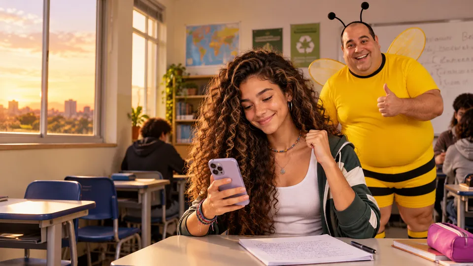 Em uma sala do ensino médio, no fim da tarde, a Maria Alice, de 17 anos, personagem da Go Beesiness, olha o celular sorrindo, aliviada, com a redação escrita à mão sobre a carteira; ao fundo, o João Abelhudo, mascote da Go Beesiness, faz sinal de positivo.
