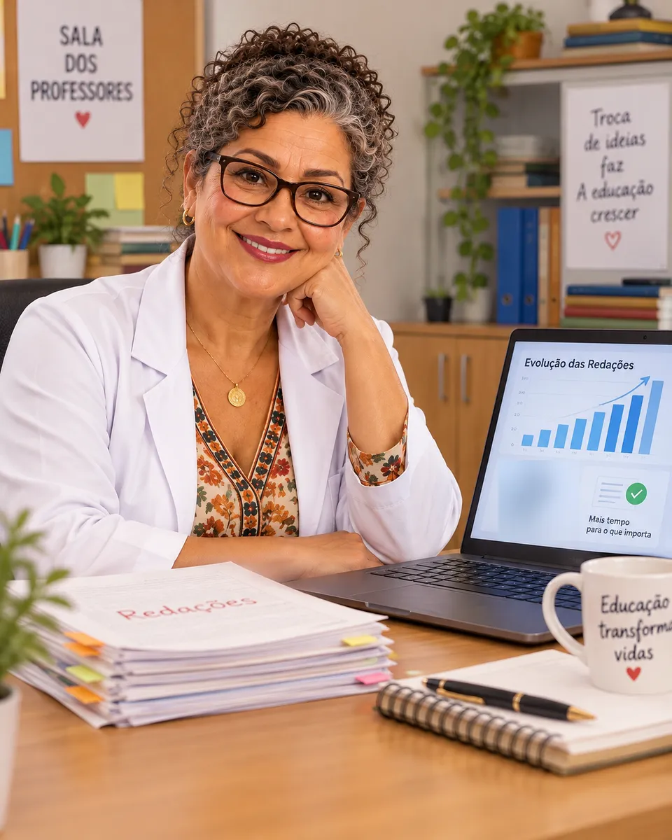 Na sala dos professores, a Tia Carla sorri tranquila ao lado da pilha de redações, com o notebook aberto num gráfico de evolução da turma: a expressão de quem ganhou tempo.