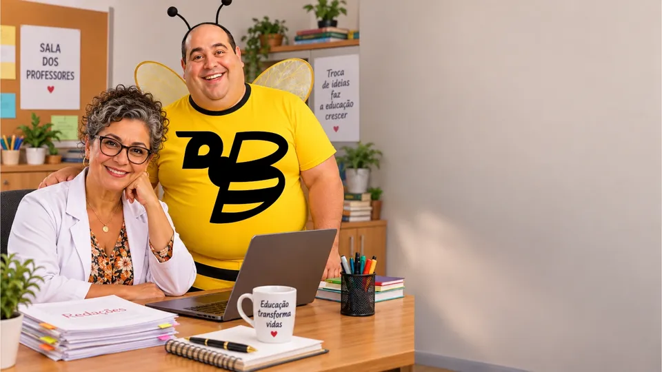 Na sala dos professores, a Tia Carla, sentada diante do notebook e da pilha de redações, sorri ao lado do João Abelhudo, mascote da Go Beesiness, que apoia a mão no ombro dela.