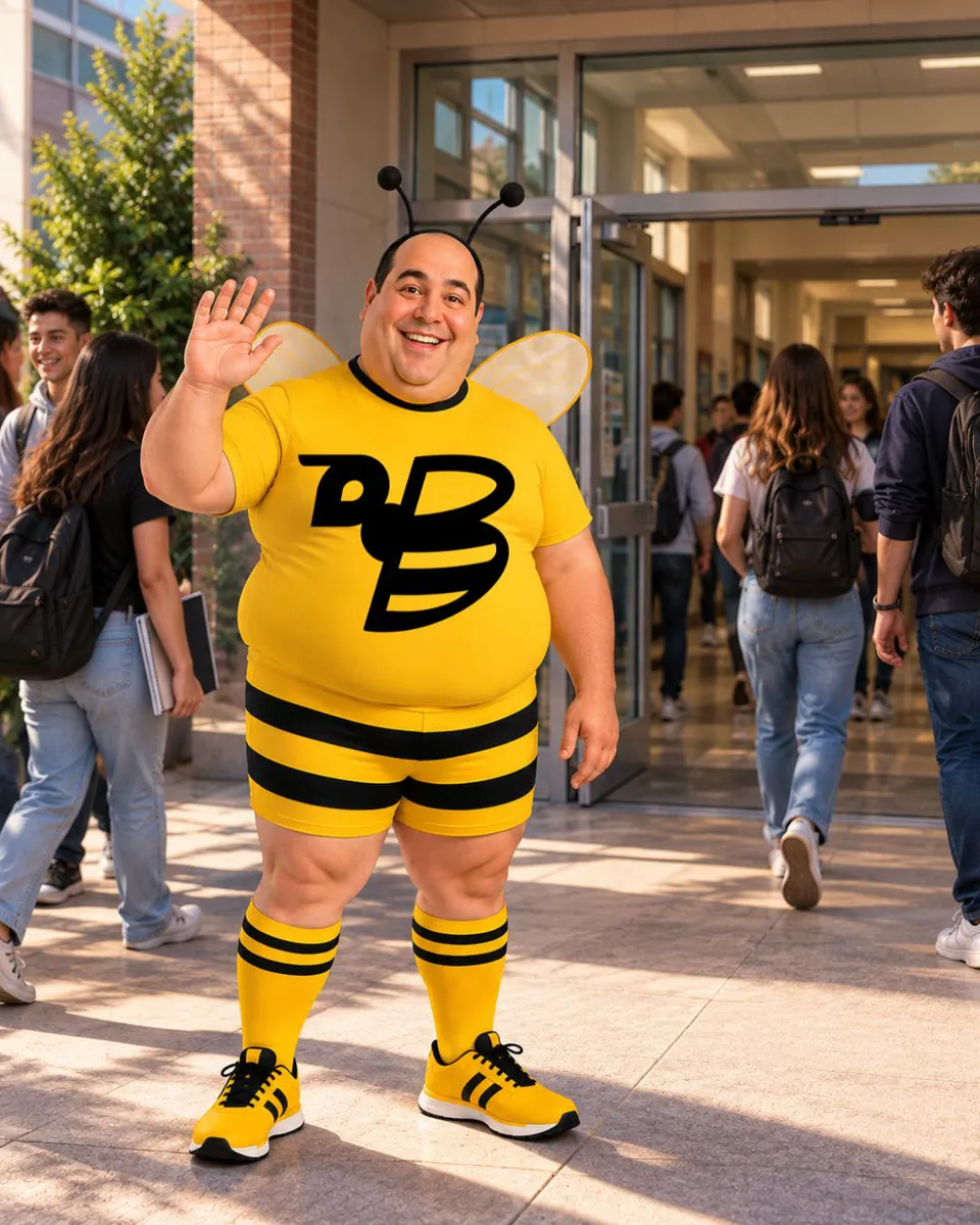 O João Abelhudo, mascote da Go Beesiness, acena para a câmera na porta da escola, convidando a entrar.