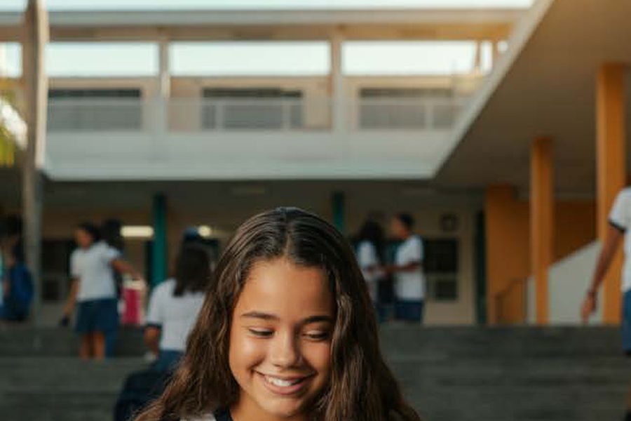 Aluna sentada na escadaria da escola, respondendo o desafio do dia pelo celular.