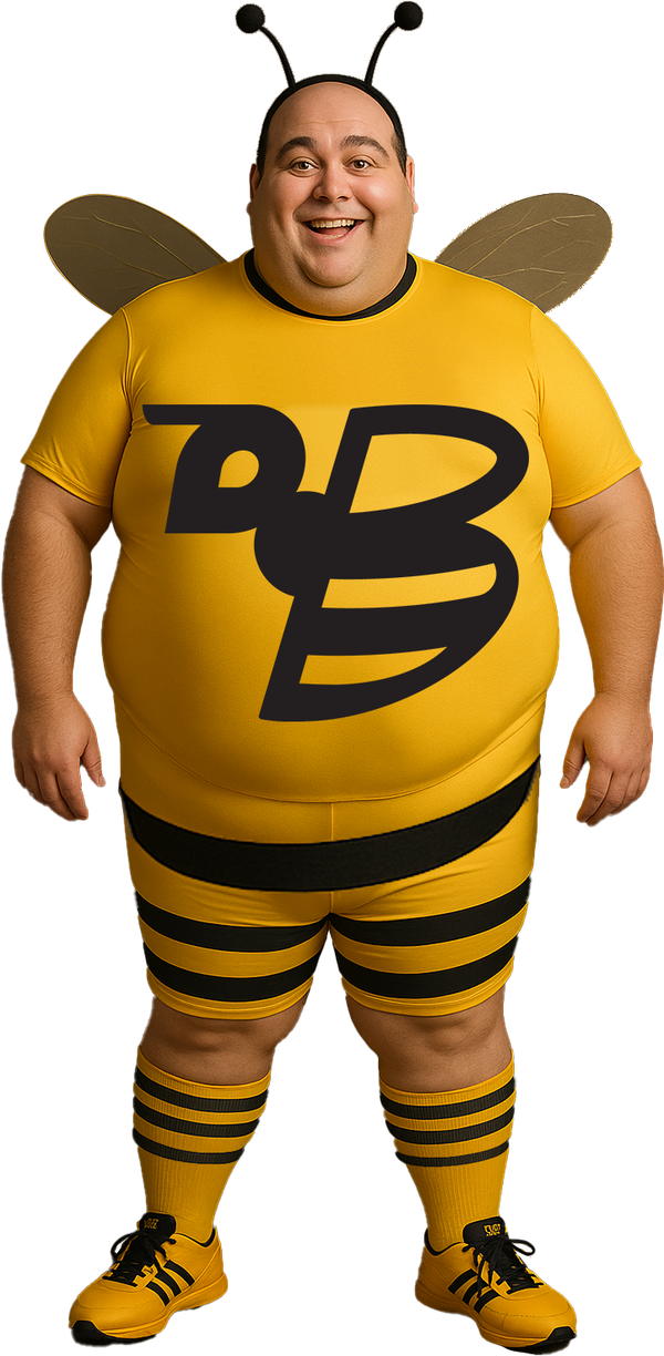 João Abelhudo, mascote da Go Beesiness, de camiseta amarela com o símbolo da marca.