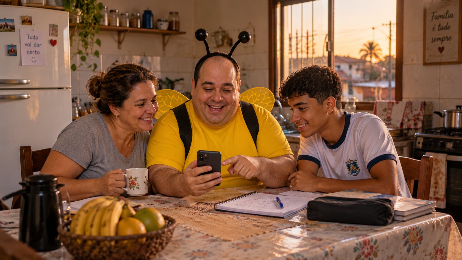 João Abelhudo à mesa da cozinha com uma mãe e o filho de uniforme escolar, os três sorrindo diante do celular.