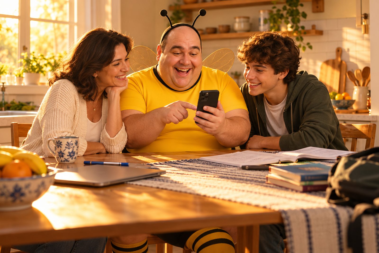 João Abelhudo com uma mãe e um estudante lendo juntos o relatório no celular.
