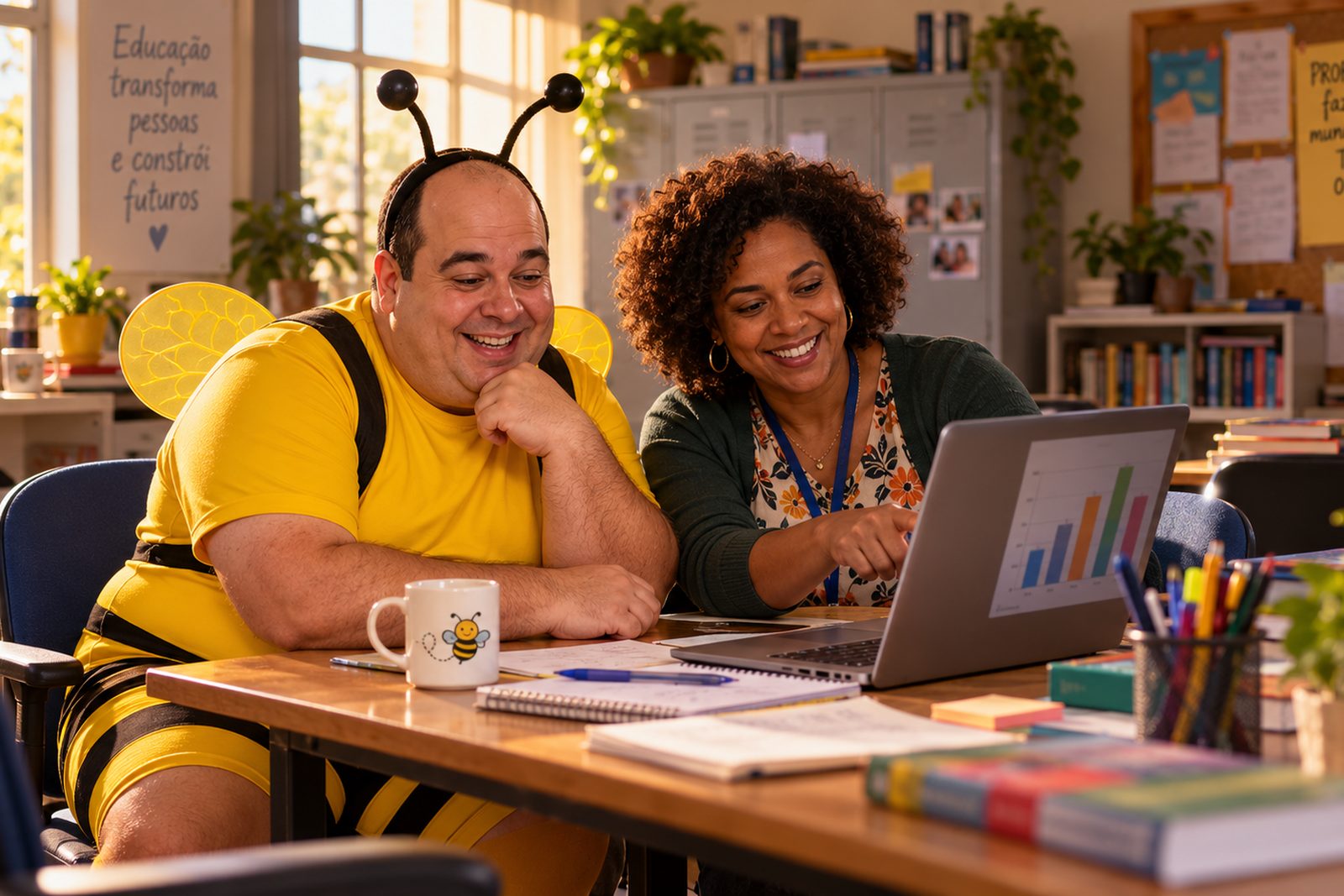 Professora analisando no notebook o gráfico de notas de um aluno.