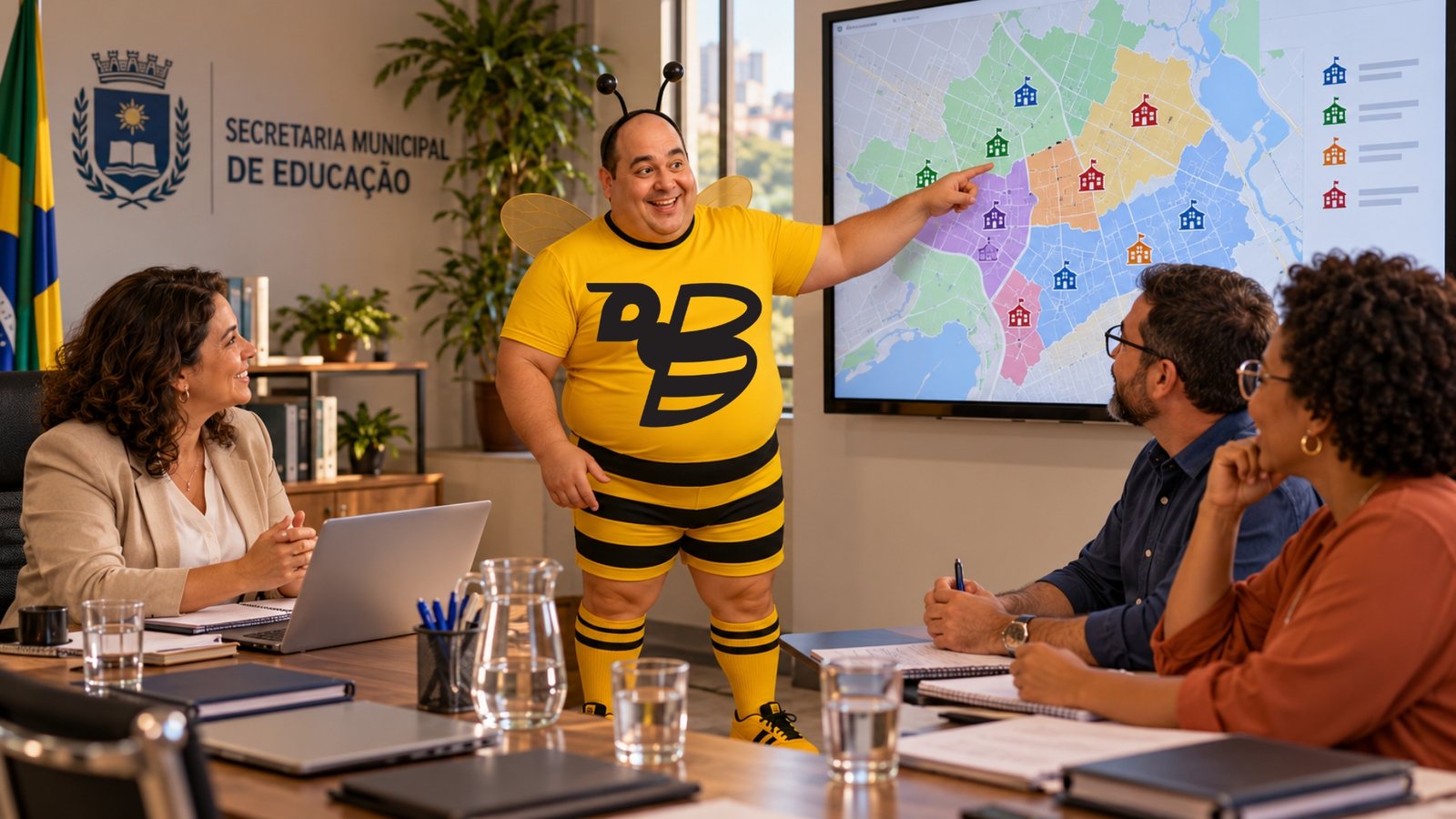 João Abelhudo com gestores de uma secretaria municipal de educação diante de um painel com os resultados das escolas.
