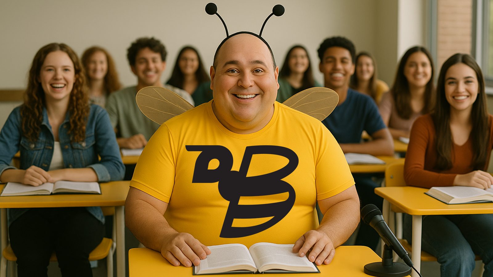 João Abelhudo, o mascote da Go Beesiness, sentado numa carteira escolar com um livro aberto, cercado de estudantes sorrindo numa sala de aula.
